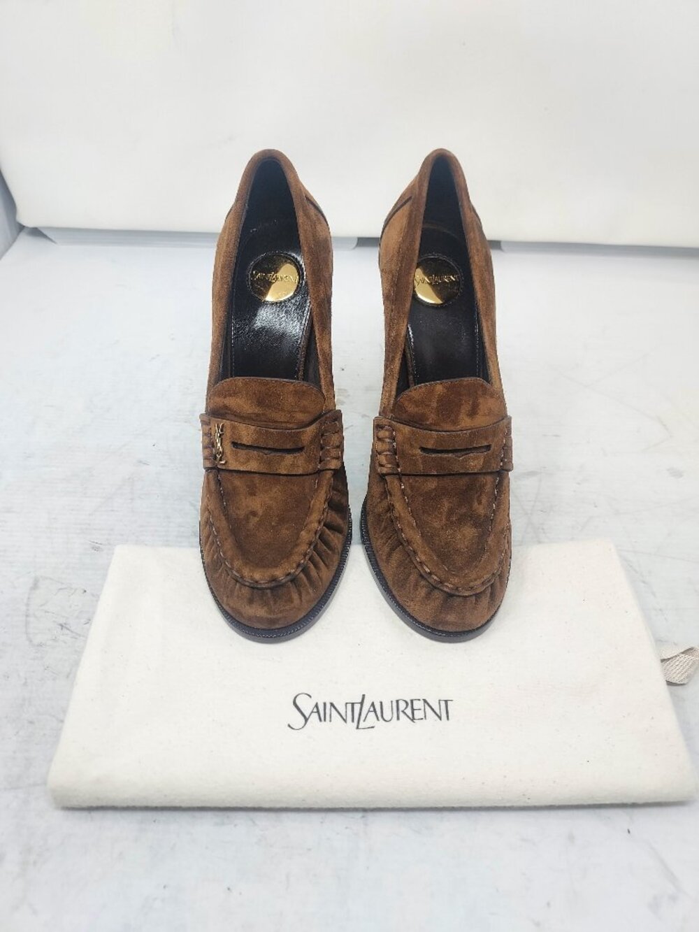 SAINT LAURENT YSL Brown Le Loafer Logo Suede Pump - Picture 5 of 12